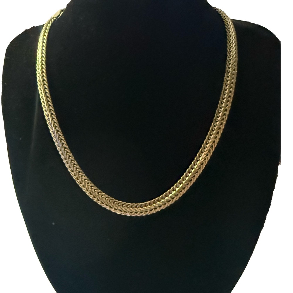 Anne Klein Gold Tone Braided Herringbone Chain Necklace Lion Logo Charm 20"